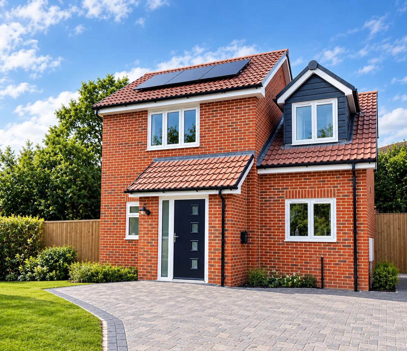A detached brick house with solar panels, a tiled roof, white gutters and fascias, uPVC windows and a block-paved driveway